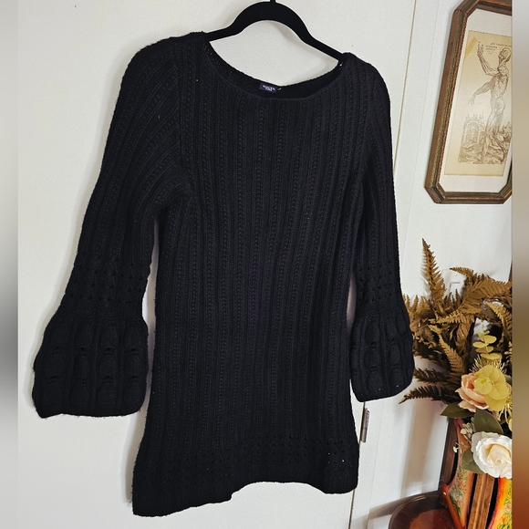 100% Cashmere Magaschoni Ribbed Knit Black Sweater Dress with Bell Sleeves - Picture 5 of 13